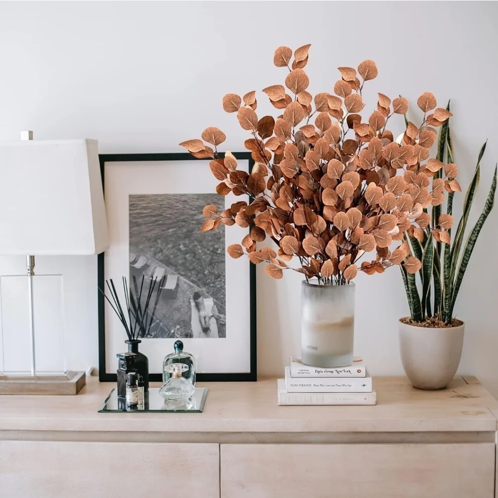 FAKE FAUX BROWN LEAVES STEM DECOR - EUCALYPTUS - LEAF BRANCHES - 5 PIECES